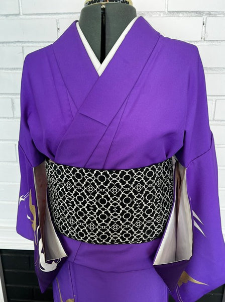 Japanese Vintage Awase Kimono – Vivid Purple with Gold & White Flying Cranes, Lined Kimono, Size S