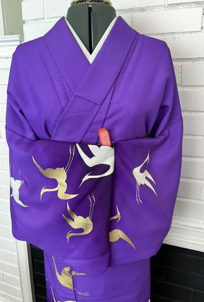 Japanese Vintage Awase Kimono – Vivid Purple with Gold & White Flying Cranes, Lined Kimono, Size S