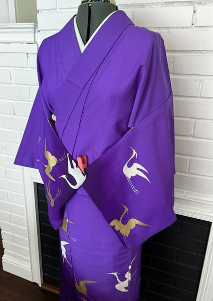 Japanese Vintage Awase Kimono – Vivid Purple with Gold & White Flying Cranes, Lined Kimono, Size S