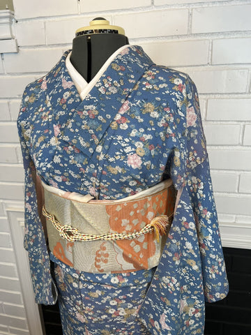 KIMONO and OBI 2 pc set, Floral, Blue, Size: S-M / Japanese Traditional Women's Kimono and Nagoya Obi