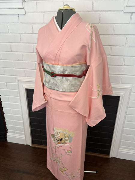 KIMONO, Formal, comes with an obi as a bonus, "Heian court scene" in pink plain, Size: M / Japanese Traditional Women's "Tsukesage" Kimono