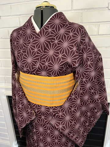 KIMONO and OBI 2 pc set, Asanoha pattern, Size: Free / Japanese Traditional Women's Kimono and Hanhaba Obi