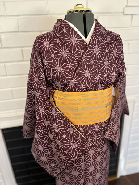 KIMONO and OBI 2 pc set, Asanoha pattern, Size: Free / Japanese Traditional Women's Kimono and Hanhaba Obi