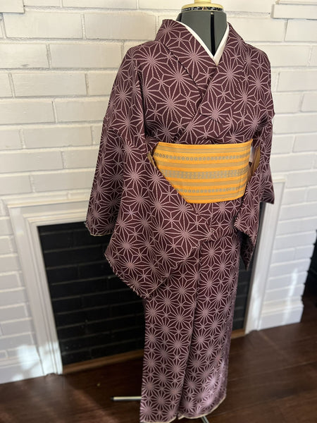 KIMONO and OBI 2 pc set, Asanoha pattern, Size: Free / Japanese Traditional Women's Kimono and Hanhaba Obi