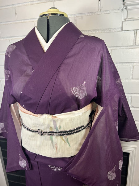 WASHABLE KIMONO and OBI 2 pc set, Size: M / Japanese Traditional Women's Purple Summer Kimono & White Fukuro Obi Set - Sensu Fan