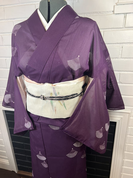 WASHABLE KIMONO and OBI 2 pc set, Size: M / Japanese Traditional Women's Purple Summer Kimono & White Fukuro Obi Set - Sensu Fan