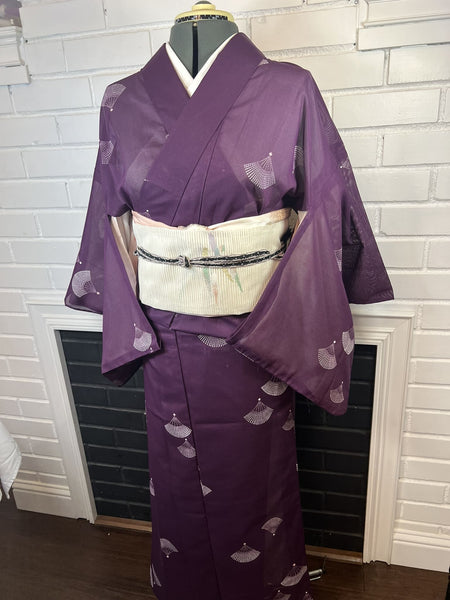 WASHABLE KIMONO and OBI 2 pc set, Size: M / Japanese Traditional Women's Purple Summer Kimono & White Fukuro Obi Set - Sensu Fan