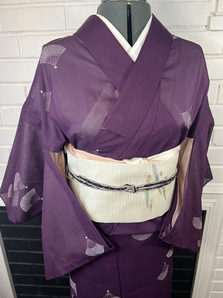 WASHABLE KIMONO and OBI 2 pc set, Size: M / Japanese Traditional Women's Purple Summer Kimono & White Fukuro Obi Set - Sensu Fan