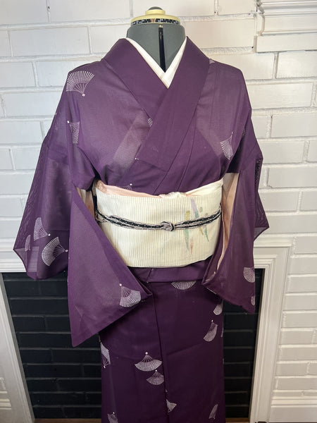 WASHABLE KIMONO, Size: M / Japanese Traditional Women's Purple Summer Kimono with Sensu Fan pattern