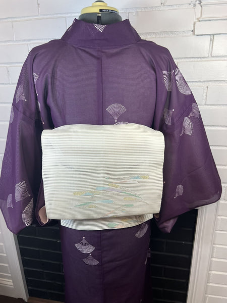WASHABLE KIMONO and OBI 2 pc set, Size: M / Japanese Traditional Women's Purple Summer Kimono & White Fukuro Obi Set - Sensu Fan
