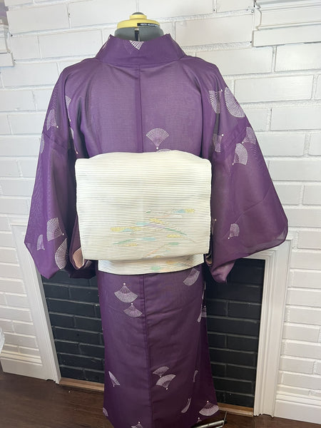 WASHABLE KIMONO, Size: M / Japanese Traditional Women's Purple Summer Kimono with Sensu Fan pattern