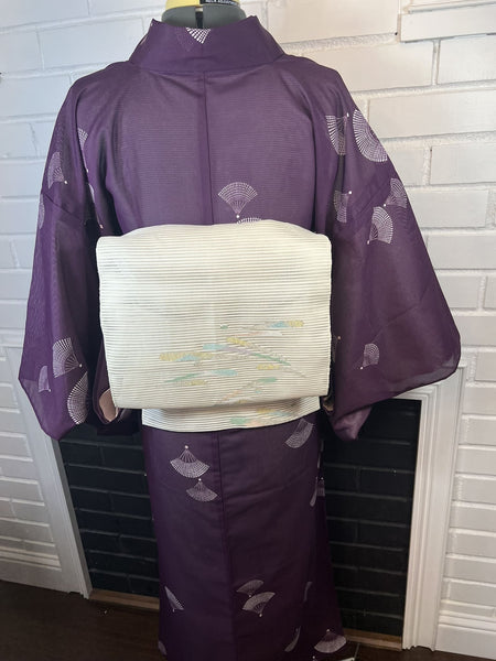 WASHABLE KIMONO, Size: M / Japanese Traditional Women's Purple Summer Kimono with Sensu Fan pattern