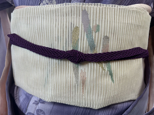 WASHABLE Kimono, Obi and Obijime 3 pc set, Size: M-L / Japanese Traditional Women's Purple Summer Kimono, White Fukuro Obi and Obijime Set