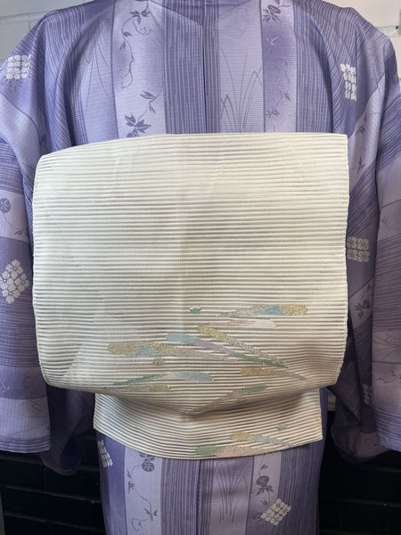 WASHABLE Kimono, Obi and Obijime 3 pc set, Size: M-L / Japanese Traditional Women's Purple Summer Kimono, White Fukuro Obi and Obijime Set