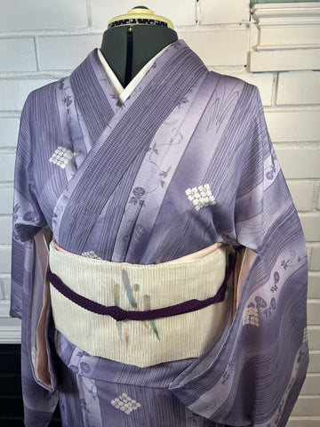 WASHABLE Kimono, Obi and Obijime 3 pc set, Size: M-L / Japanese Traditional Women's Purple Summer Kimono, White Fukuro Obi and Obijime Set