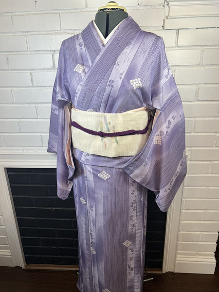 WASHABLE Kimono, Obi and Obijime 3 pc set, Size: M-L / Japanese Traditional Women's Purple Summer Kimono, White Fukuro Obi and Obijime Set