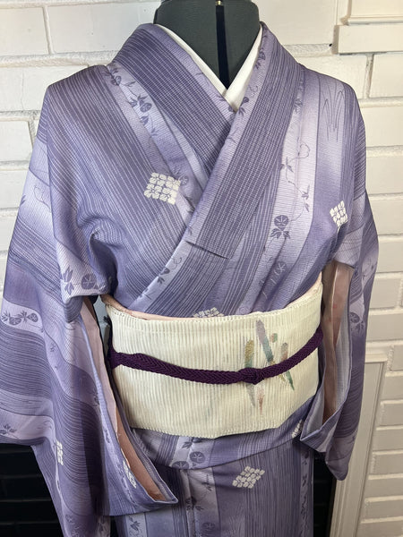 WASHABLE Kimono, Obi and Obijime 3 pc set, Size: M-L / Japanese Traditional Women's Purple Summer Kimono, White Fukuro Obi and Obijime Set