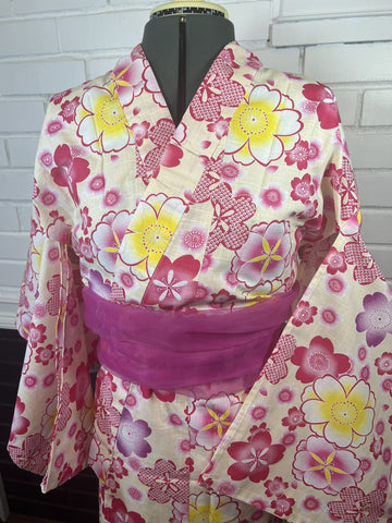 Girls' YUKATA and OBI 2 pc set, Size 55 in, Pink Floral Pattern Japanese Traditional Yukata with Sakura and Heko-obi set