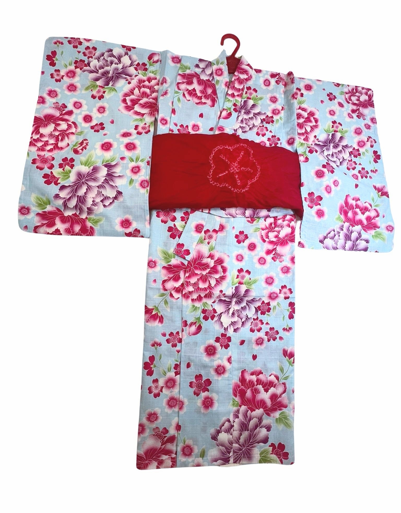 Girls' YUKATA and OBI 2 pc set, Size 45 in, Japanese Traditional Yukata with  Blue Floral Yukata with Red Heko Obi