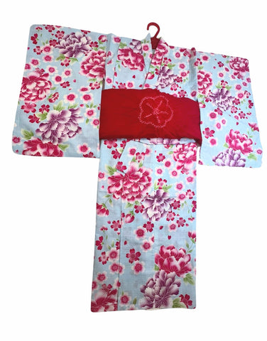 Girls' YUKATA and OBI 2 pc set, Size 45 in, Japanese Traditional Yukata with  Blue Floral Yukata with Red Heko Obi