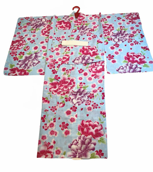 Girls' YUKATA and OBI 2 pc set, Size 45 in, Japanese Traditional Yukata with  Blue Floral Yukata with Red Heko Obi