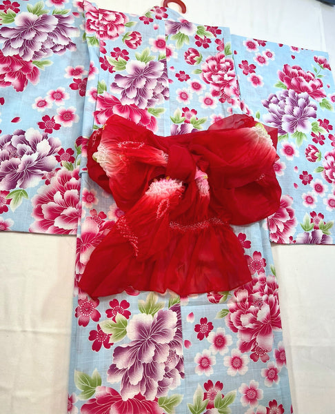 Girls' YUKATA and OBI 2 pc set, Size 45 in, Japanese Traditional Yukata with  Blue Floral Yukata with Red Heko Obi