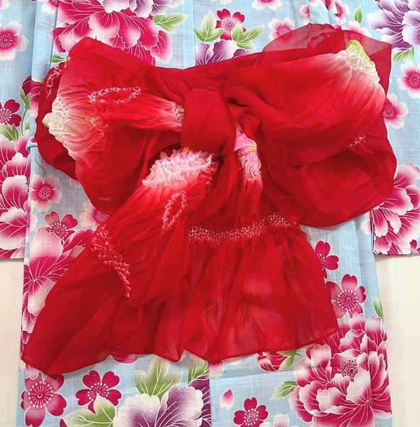 Girls' YUKATA and OBI 2 pc set, Size 45 in, Japanese Traditional Yukata with  Blue Floral Yukata with Red Heko Obi