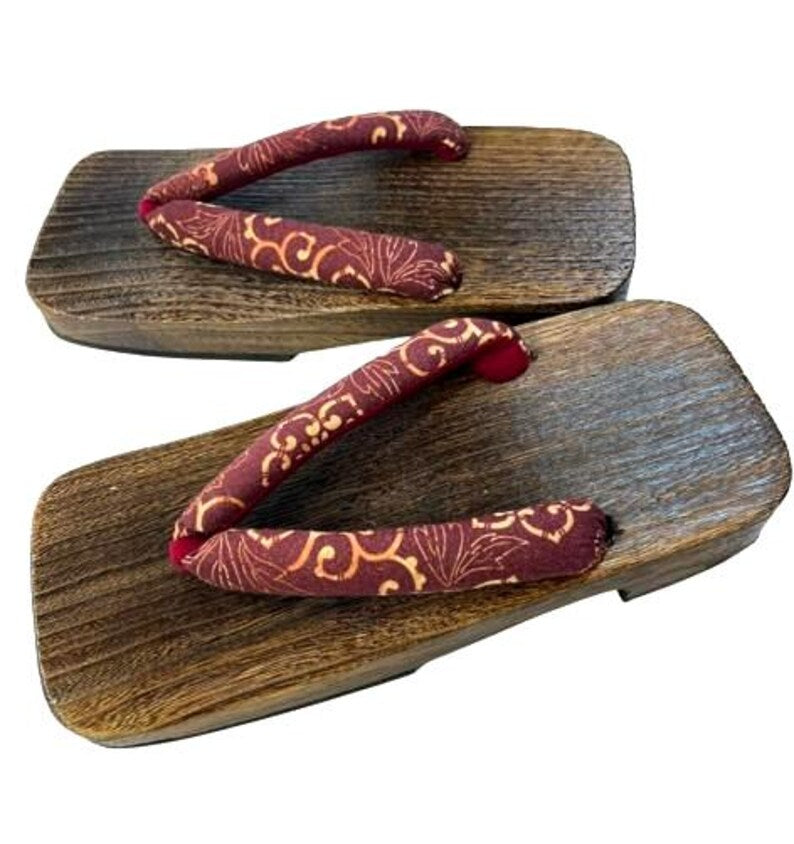 Japanese Men's Geta Sandals / Size M,  Burgundy Hanao in Karakusa Pattern