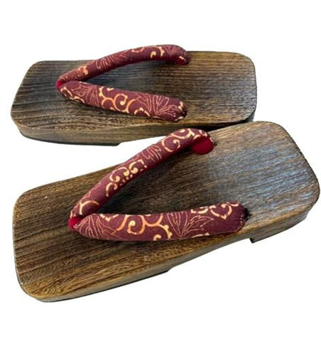 Japanese Men's Geta Sandals / Size M,  Burgundy Hanao in Karakusa Pattern