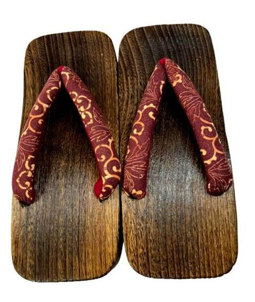 Japanese Men's Geta Sandals / Size M,  Burgundy Hanao in Karakusa Pattern