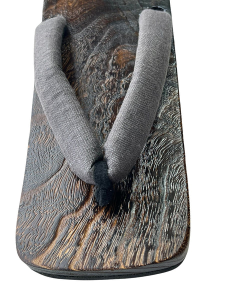 Japanese Men's Geta Sandals – Dark Grain Wood with Gray Cotton Straps, Size US Men's 9