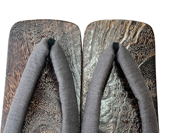 Japanese Men's Geta Sandals – Dark Grain Wood with Gray Cotton Straps, Size US Men's 9