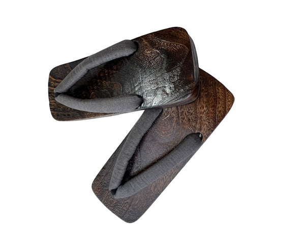 Japanese Men's Geta Sandals – Dark Grain Wood with Gray Cotton Straps, Size US Men's 9