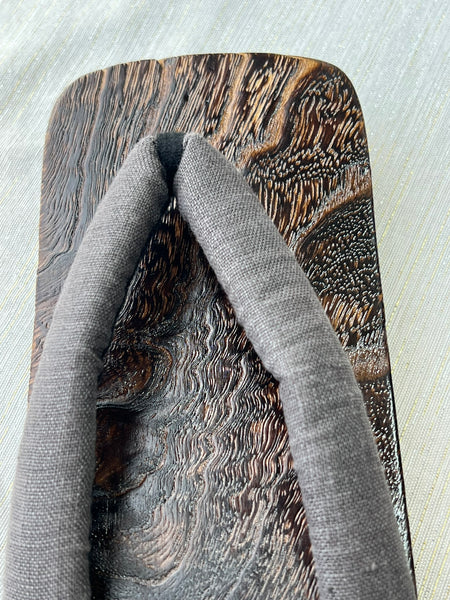 Japanese Men's Geta Sandals – Dark Grain Wood with Gray Cotton Straps, Size US Men's 9