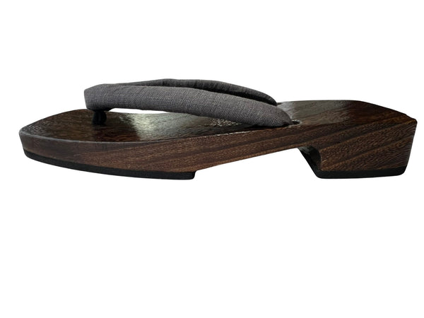 Japanese Men's Geta Sandals – Dark Grain Wood with Gray Cotton Straps, Size US Men's 9