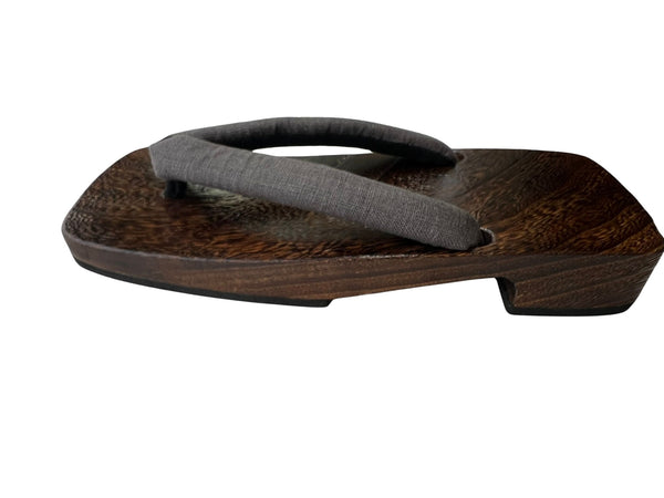 Japanese Men's Geta Sandals – Dark Grain Wood with Gray Cotton Straps, Size US Men's 9