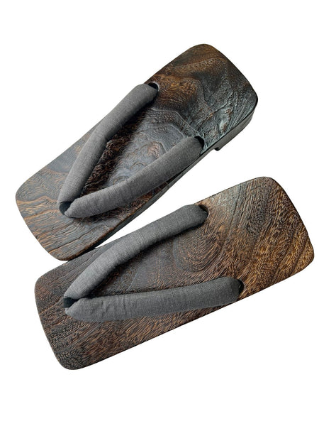 Japanese Men's Geta Sandals – Dark Grain Wood with Gray Cotton Straps, Size US Men's 9