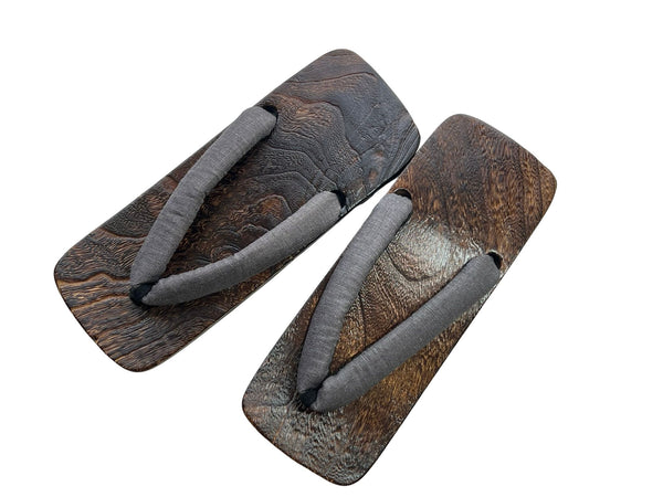 Japanese Men's Geta Sandals – Dark Grain Wood with Gray Cotton Straps, Size US Men's 9
