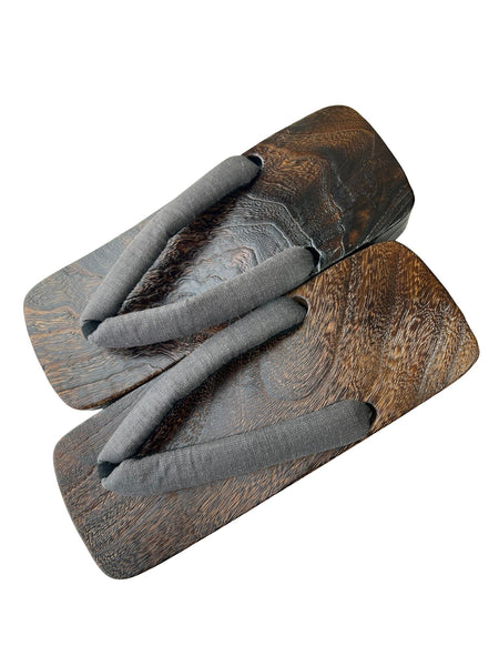 Japanese Men's Geta Sandals – Dark Grain Wood with Gray Cotton Straps, Size US Men's 9
