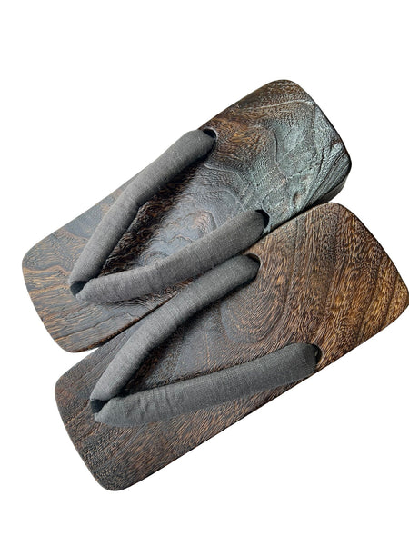 Japanese Men's Geta Sandals – Dark Grain Wood with Gray Cotton Straps, Size US Men's 9
