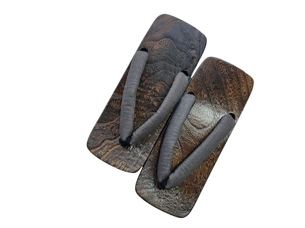 Japanese Men's Geta Sandals – Dark Grain Wood with Gray Cotton Straps, Size US Men's 9