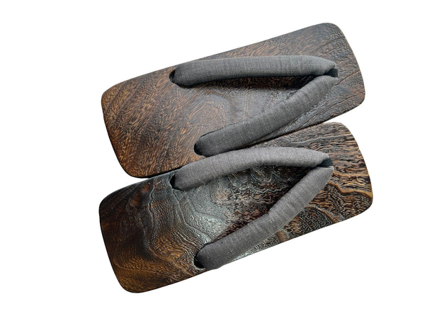 Japanese Men's Geta Sandals – Dark Grain Wood with Gray Cotton Straps, Size US Men's 9