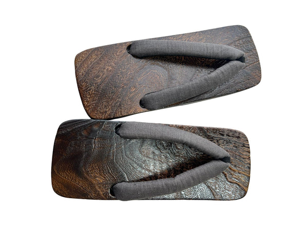 Japanese Men's Geta Sandals – Dark Grain Wood with Gray Cotton Straps, Size US Men's 9