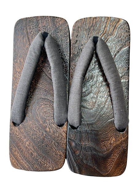 Japanese Men's Geta Sandals – Dark Grain Wood with Gray Cotton Straps, Size US Men's 9