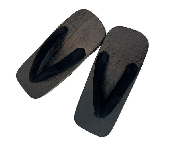 Japanese Men's Geta Sandals – Black Wooden Clogs with Velvet Straps, Size US Men's 9