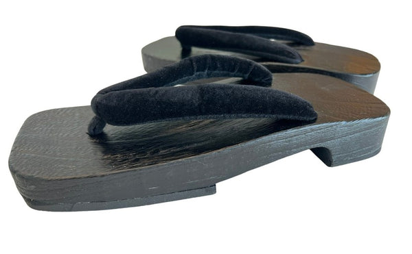 Japanese Men's Geta Sandals – Black Wooden Clogs with Velvet Straps, Size US Men's 9