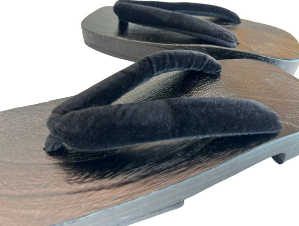 Japanese Men's Geta Sandals – Black Wooden Clogs with Velvet Straps, Size US Men's 9