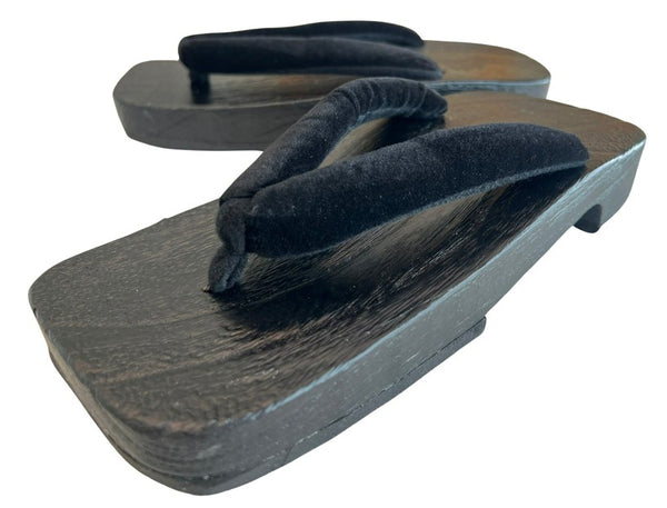 Japanese Men's Geta Sandals – Black Wooden Clogs with Velvet Straps, Size US Men's 9
