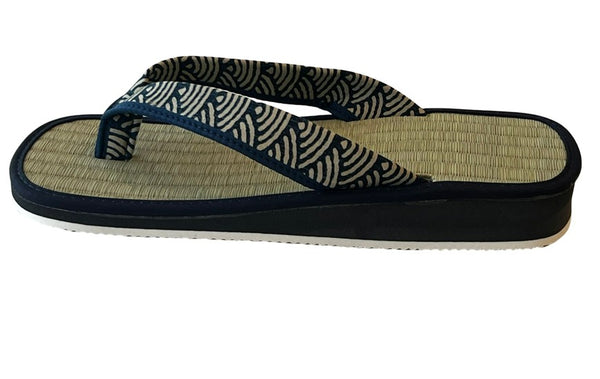 Japanese Men’s Setta Sandals – Tatami Igusa Rush Sandals with Indigo Seigaiha Wave Straps, Size XL