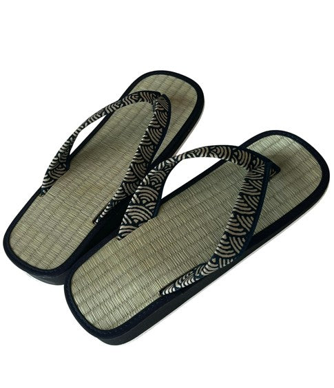 Japanese Men’s Setta Sandals – Tatami Igusa Rush Sandals with Indigo Seigaiha Wave Straps, Size XL